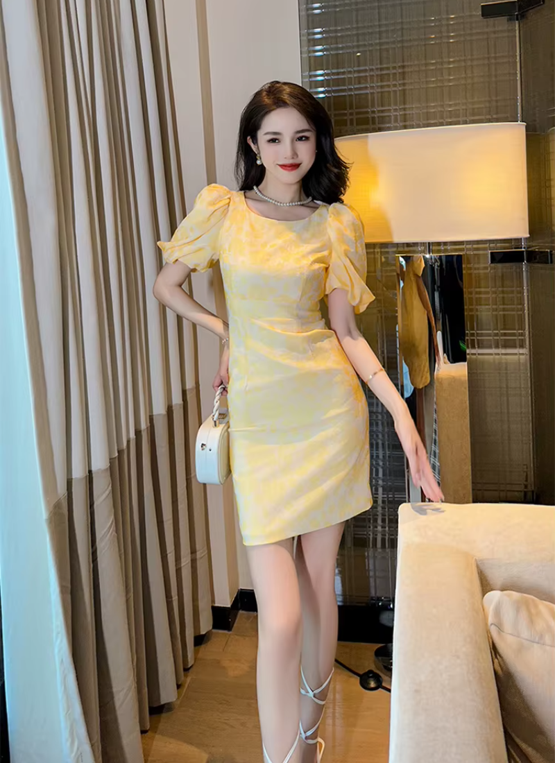 Formal Pencil Short Print Retro Puff Sleeve Street Clothes Slim Mini Party Dress