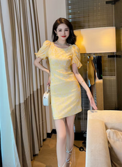 Formal Pencil Short Print Retro Puff Sleeve Street Clothes Slim Mini Party Dress