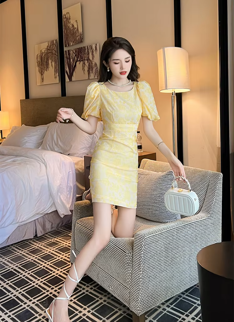 Formal Pencil Short Print Retro Puff Sleeve Street Clothes Slim Mini Party Dress
