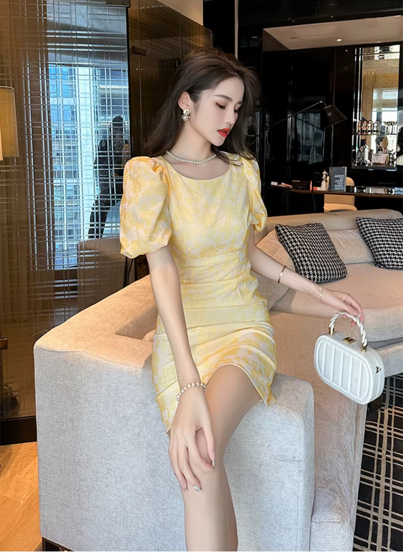Formal Pencil Short Print Retro Puff Sleeve Street Clothes Slim Mini Party Dress