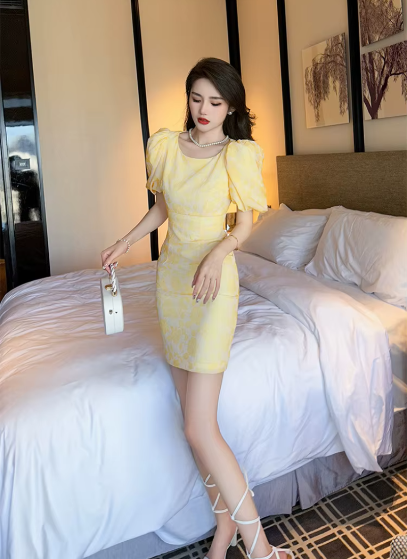 Formal Pencil Short Print Retro Puff Sleeve Street Clothes Slim Mini Party Dress