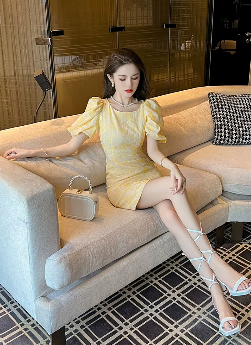 Formal Pencil Short Print Retro Puff Sleeve Street Clothes Slim Mini Party Dress
