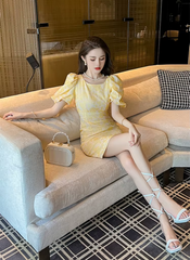 Formal Pencil Short Print Retro Puff Sleeve Street Clothes Slim Mini Party Dress