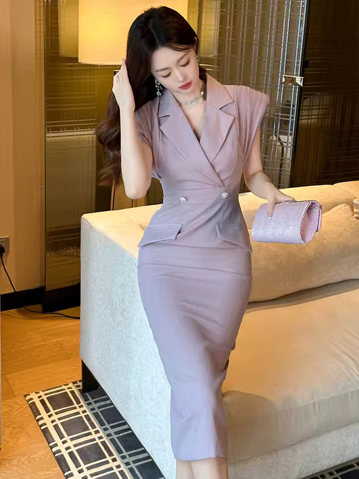 Formal Lapel Sleeveless Office Style Pencil Blazer Midi Dress