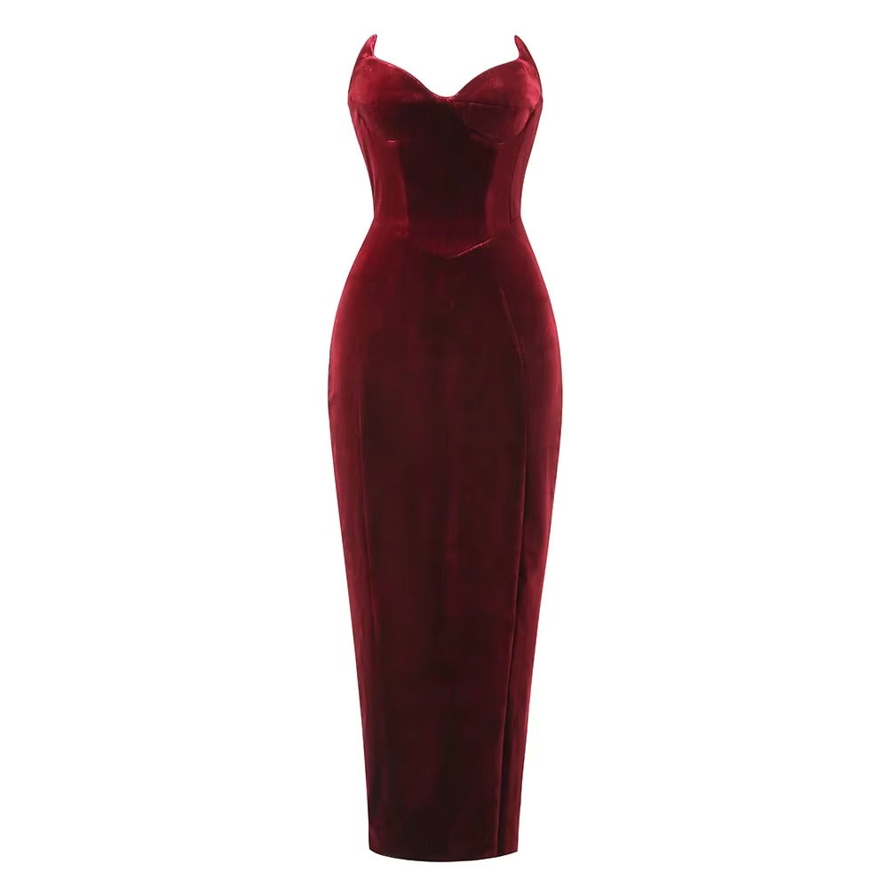 Formal Strapless Velvet Sleeveless Skinny Party Maxi Dresses