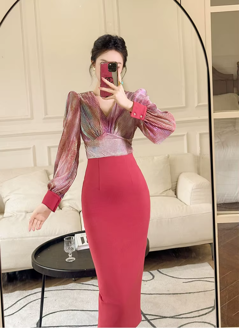 Formal Style Occasion Elegant Office V-Neck High Waist Slim Midi Pencil Dress