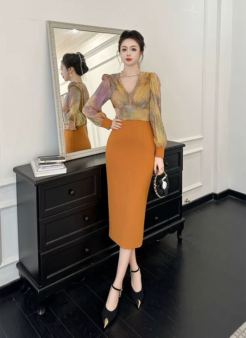 Formal Style Occasion Elegant Office V-Neck High Waist Slim Midi Pencil Dress