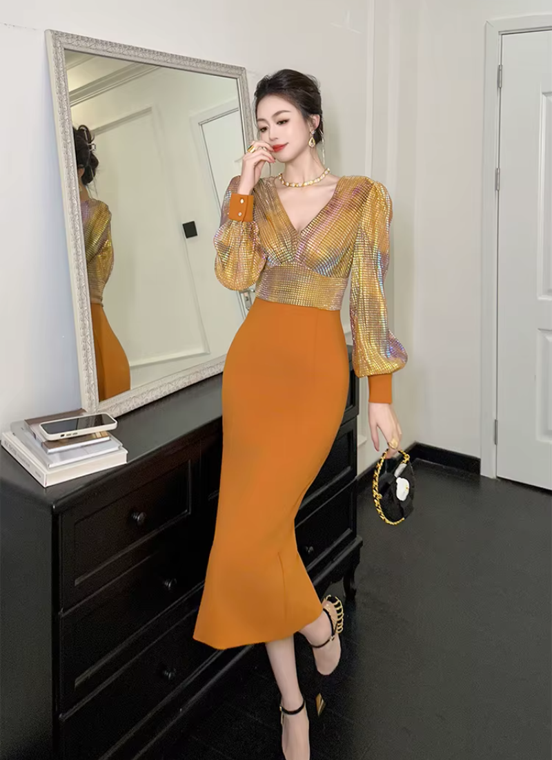 Formal Style Occasion Elegant Office V-Neck High Waist Slim Midi Pencil Dress