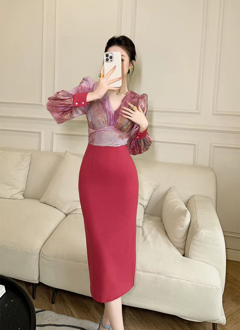 Formal Style Occasion Elegant Office V-Neck High Waist Slim Midi Pencil Dress