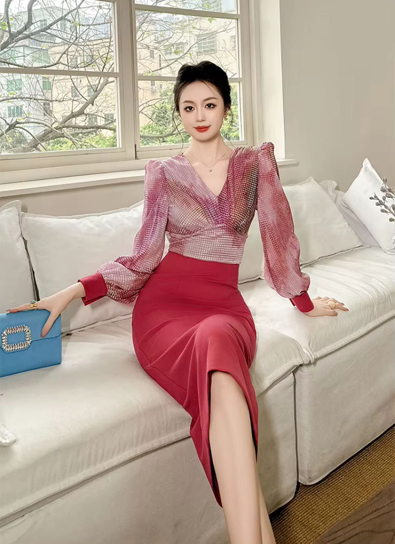 Formal Style Occasion Elegant Office V-Neck High Waist Slim Midi Pencil Dress