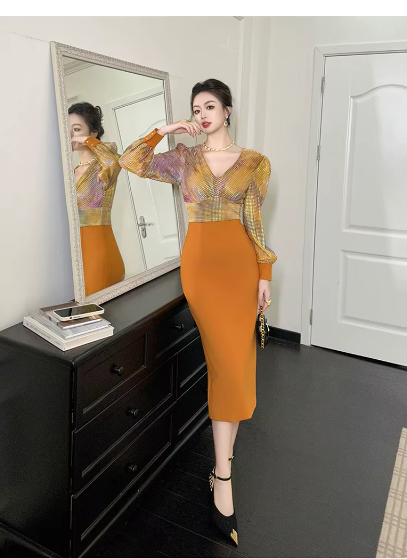 Formal Style Occasion Elegant Office V-Neck High Waist Slim Midi Pencil Dress