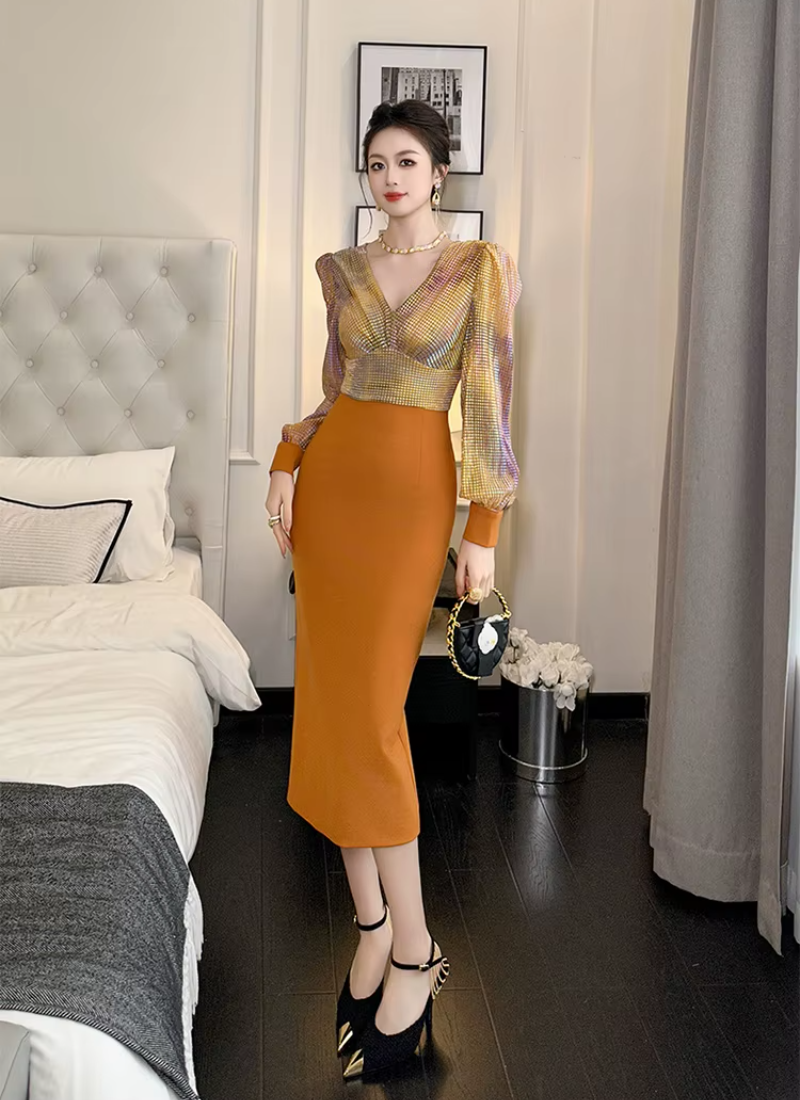Formal Style Occasion Elegant Office V-Neck High Waist Slim Midi Pencil Dress