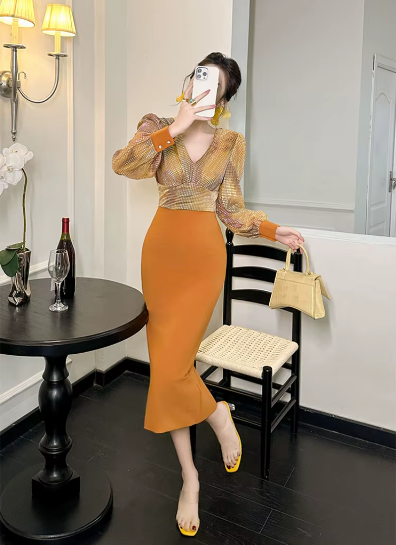 Formal Style Occasion Elegant Office V-Neck High Waist Slim Midi Pencil Dress