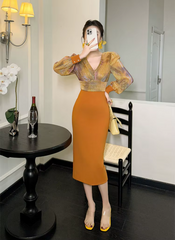 Formal Style Occasion Elegant Office V-Neck High Waist Slim Midi Pencil Dress