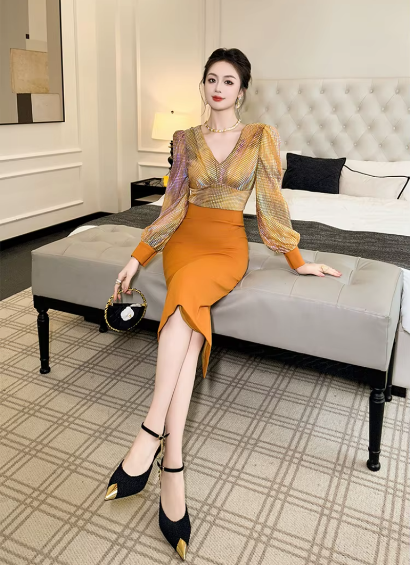 Formal Style Occasion Elegant Office V-Neck High Waist Slim Midi Pencil Dress