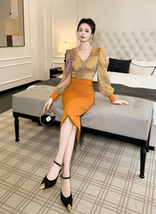 Formal Style Occasion Elegant Office V-Neck High Waist Slim Midi Pencil Dress