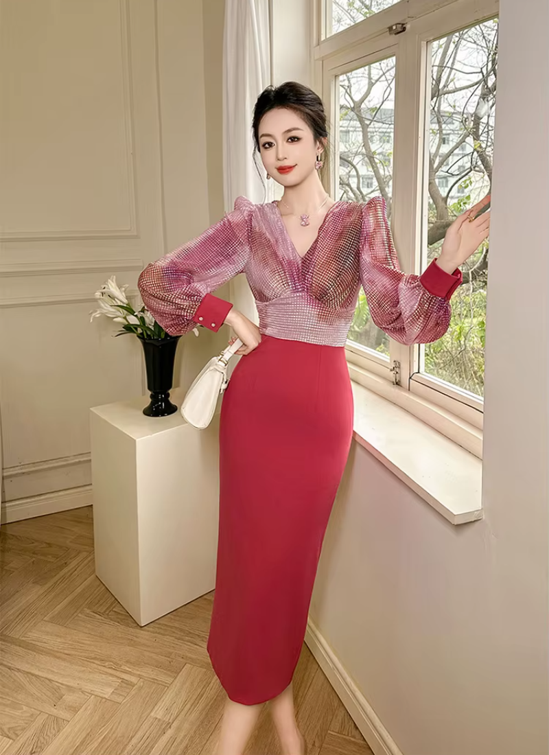 Formal Style Occasion Elegant Office V-Neck High Waist Slim Midi Pencil Dress