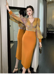 Formal Style Occasion Elegant Office V-Neck High Waist Slim Midi Pencil Dress