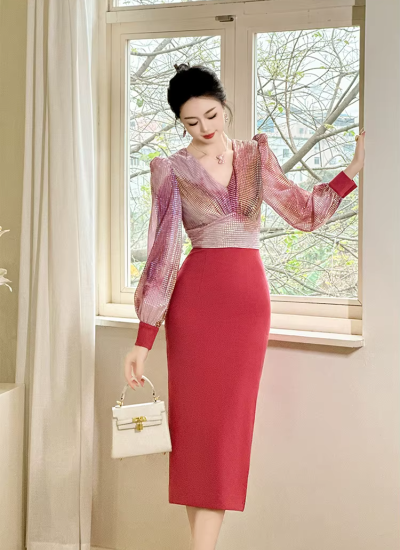 Formal Style Occasion Elegant Office V-Neck High Waist Slim Midi Pencil Dress