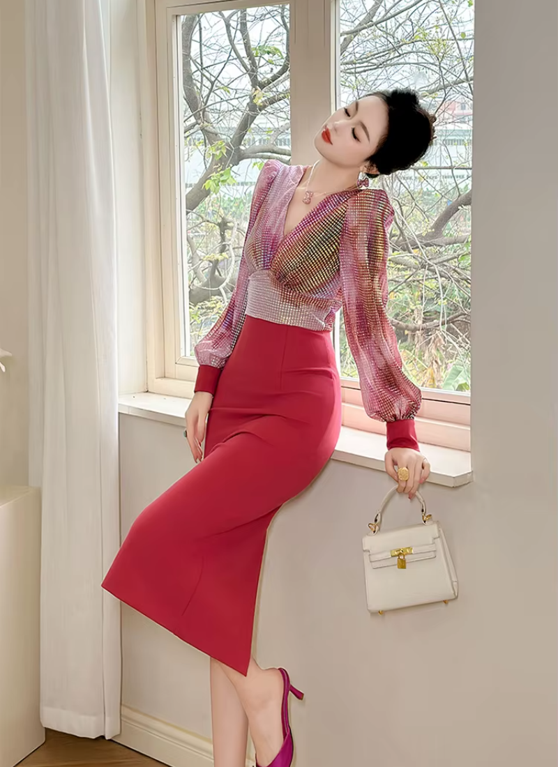 Formal Style Occasion Elegant Office V-Neck High Waist Slim Midi Pencil Dress