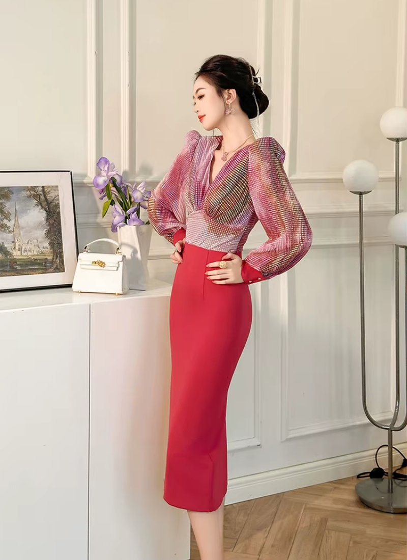 Formal Style Occasion Elegant Office V-Neck High Waist Slim Midi Pencil Dress