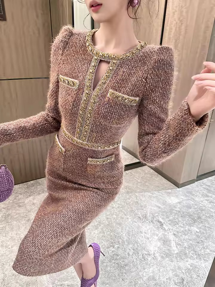 Formal Vintage Tweed Hollow O-Neck Slim Midi Pencil Dress