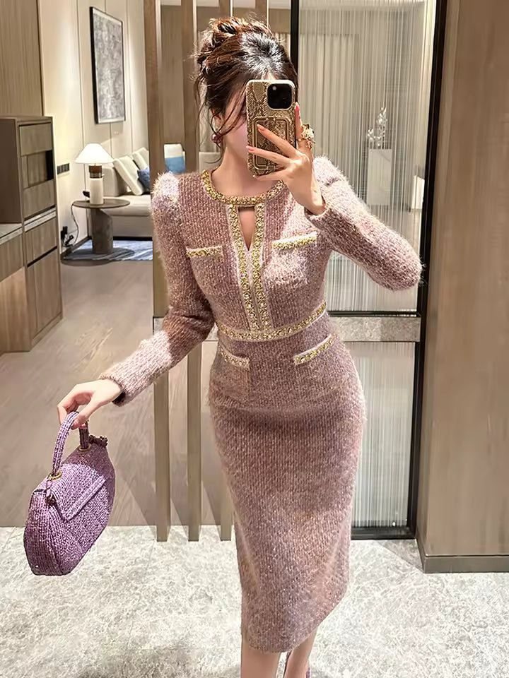 Formal Vintage Tweed Hollow O-Neck Slim Midi Pencil Dress