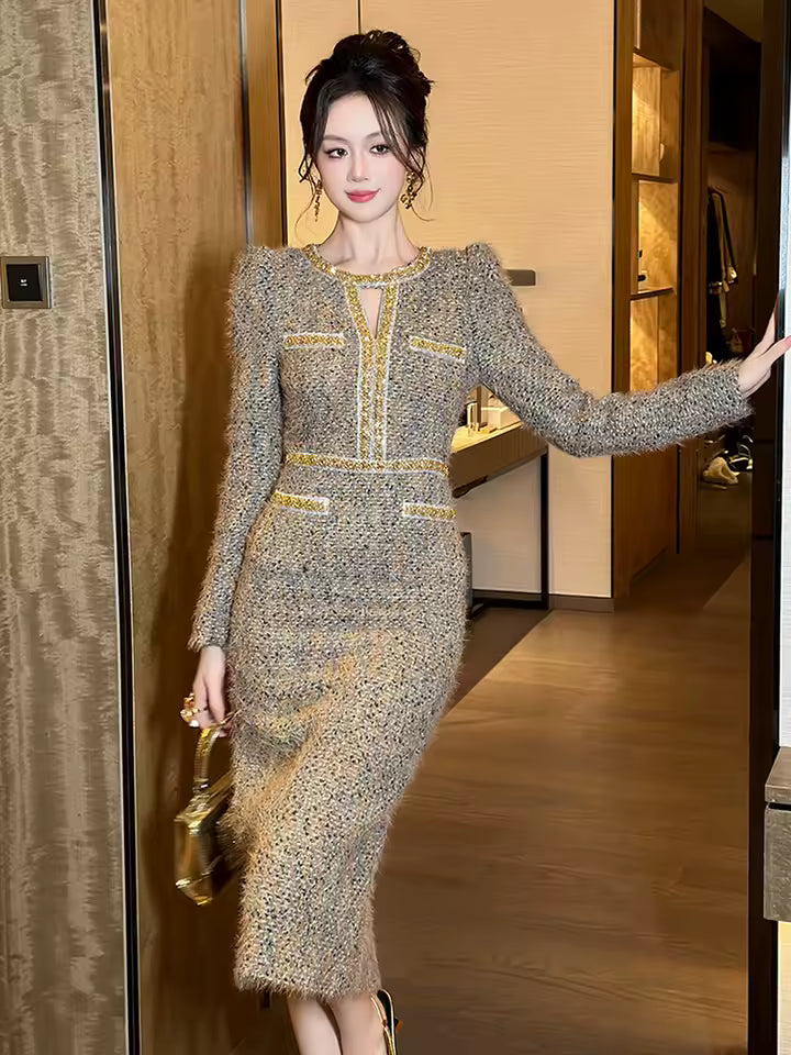 Formal Vintage Tweed Hollow O-Neck Slim Midi Pencil Dress