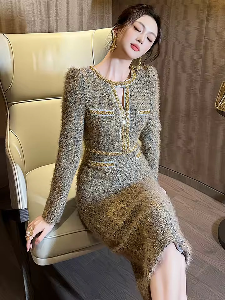Formal Vintage Tweed Hollow O-Neck Slim Midi Pencil Dress