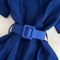 French Chic Summer Dress for Women Turn Down Collar Short Sleeve Belted