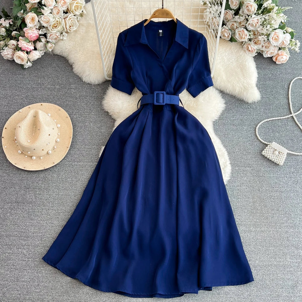 French Chic Summer Dress for Women Turn Down Collar Short Sleeve Belted