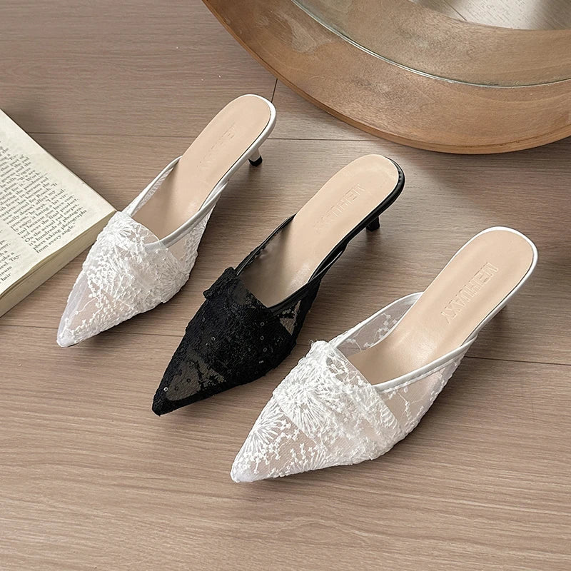 French Mesh Breathable Closed Toe Half Slippers for Outdoor Wear with Skirt Sandals Low Heel