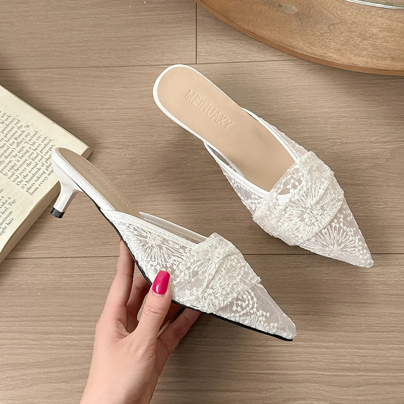 French Mesh Breathable Closed Toe Half Slippers for Outdoor Wear with Skirt Sandals Low Heel