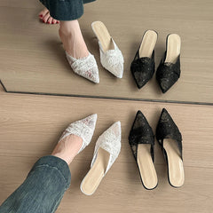 French Mesh Breathable Closed Toe Half Slippers for Outdoor Wear with Skirt Sandals Low Heel