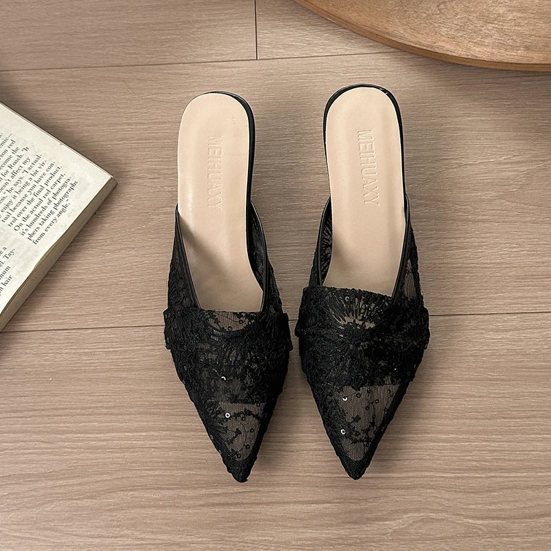 French Mesh Breathable Closed Toe Half Slippers for Outdoor Wear with Skirt Sandals Low Heel