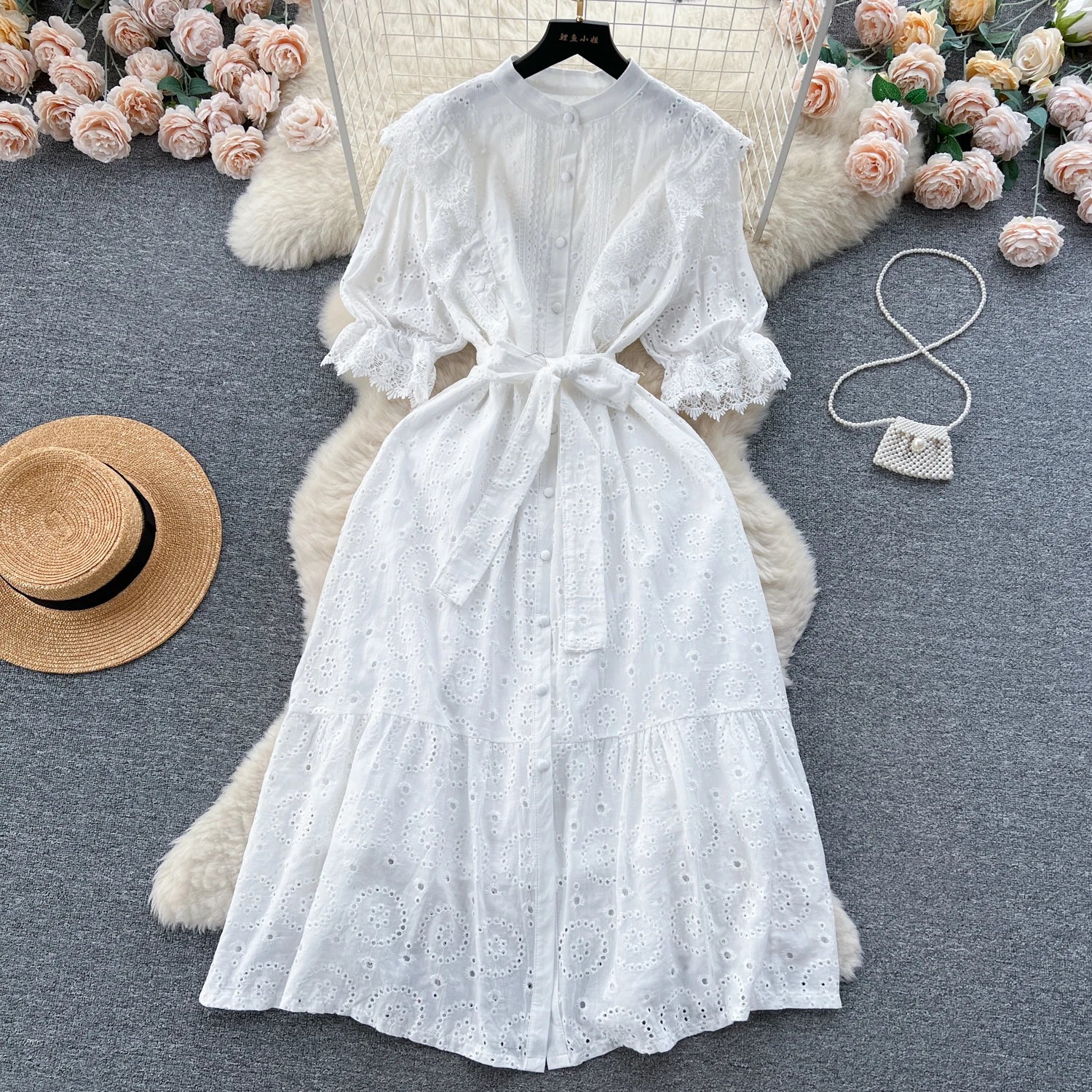 Frenchic Court Style Summer Dress Ruffles Crochet Hollow Out Puff Sleeve