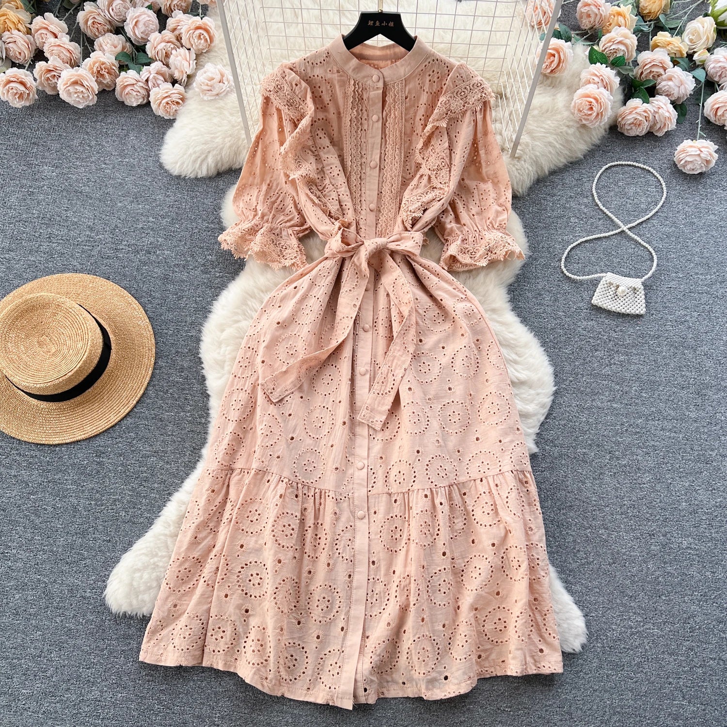 Frenchic Court Style Summer Dress Ruffles Crochet Hollow Out Puff Sleeve