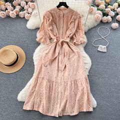 Frenchic Court Style Summer Dress Ruffles Crochet Hollow Out Puff Sleeve