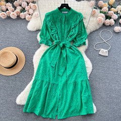 Frenchic Court Style Summer Dress Ruffles Crochet Hollow Out Puff Sleeve