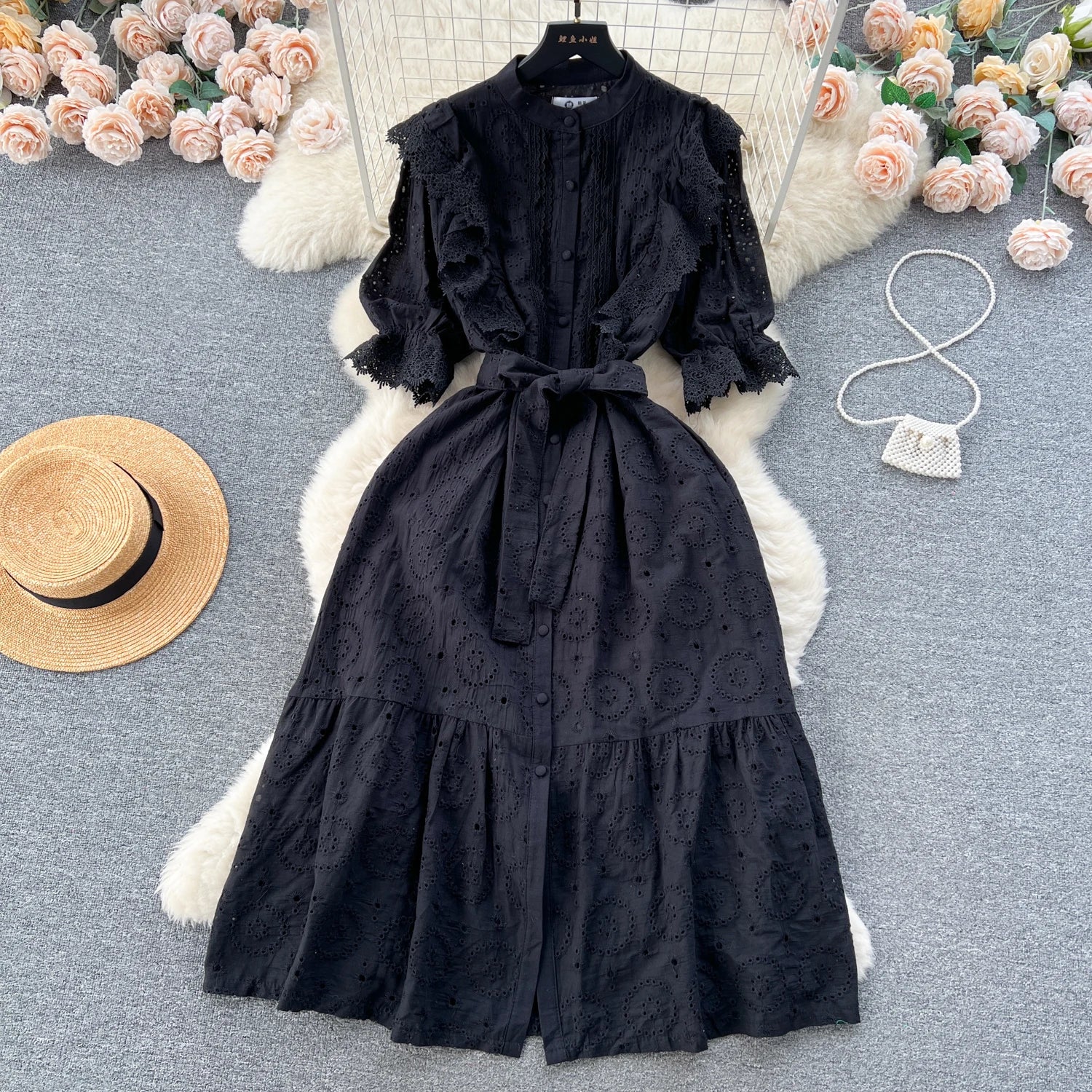 Frenchic Court Style Summer Dress Ruffles Crochet Hollow Out Puff Sleeve