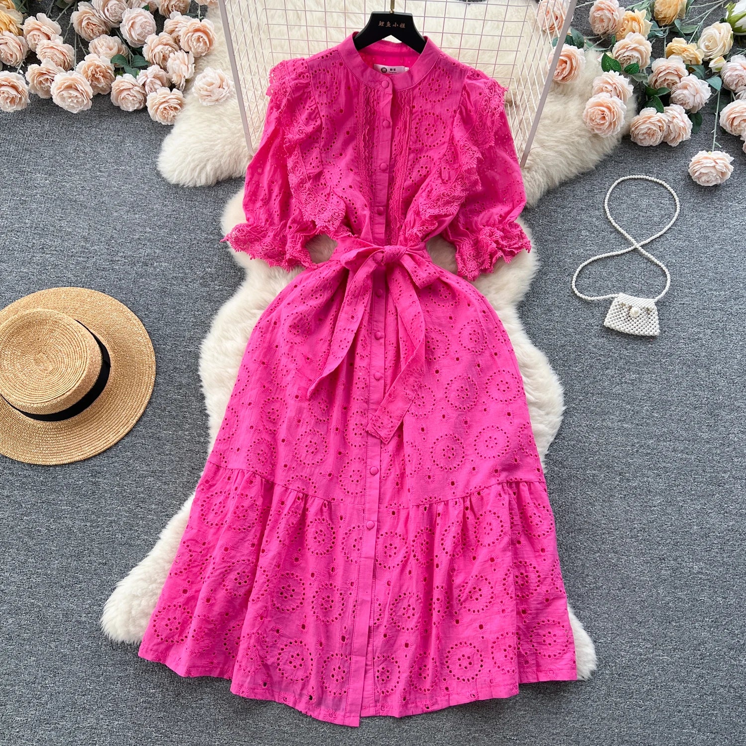 Frenchic Court Style Summer Dress Ruffles Crochet Hollow Out Puff Sleeve