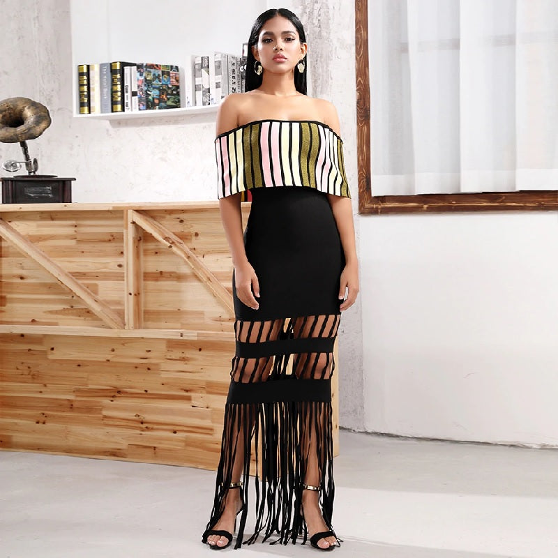 Fringe Off Shoulder Tassel Celebrity Evening Maxi Party