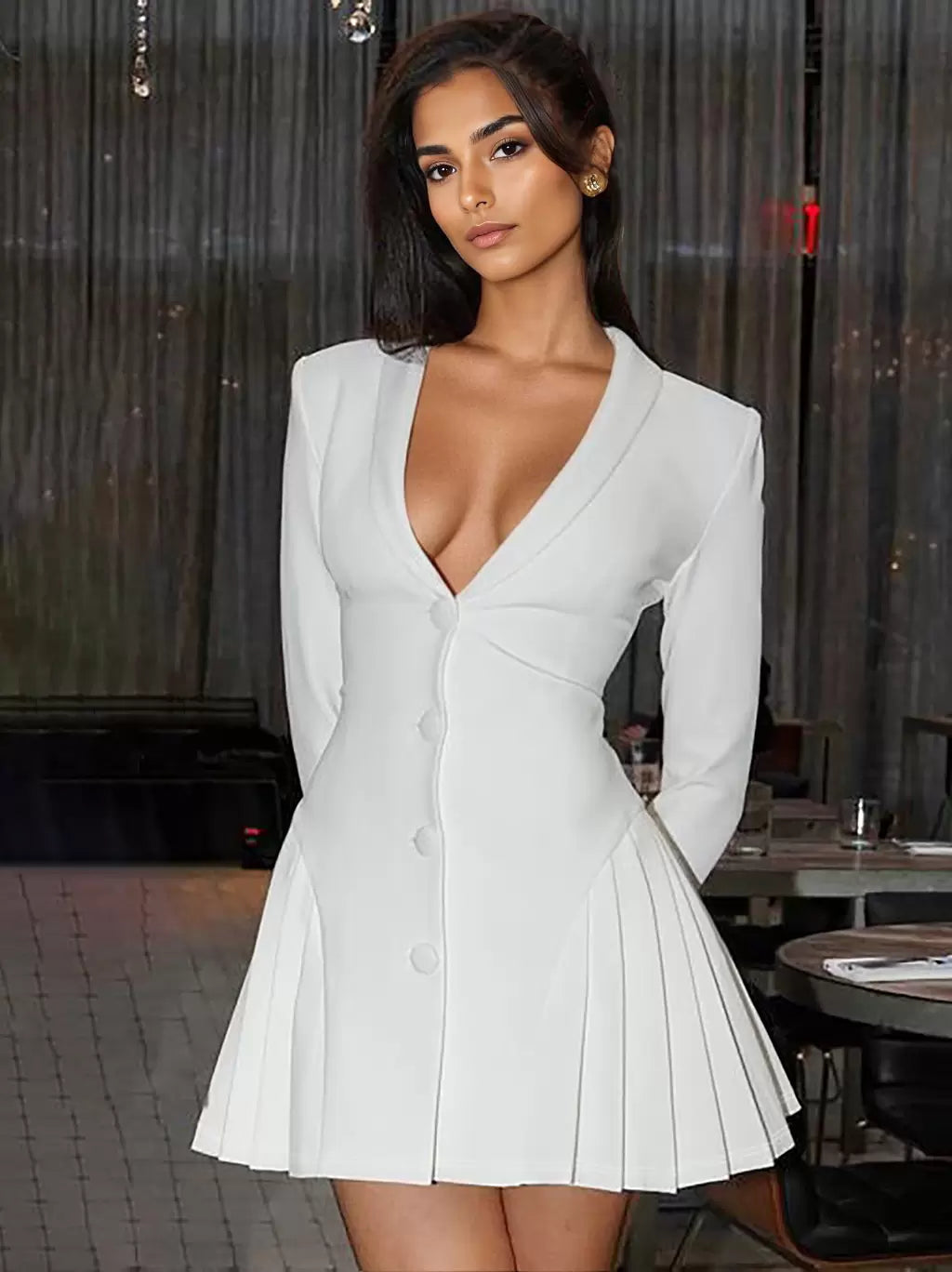 Front Button V-Neck Long Sleeves Polyester Party Club Dress