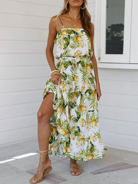 Fruit Print Sleeveless Slip Maxi Dresses