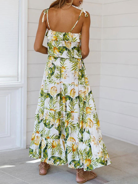 Fruit Print Sleeveless Slip Maxi Dresses