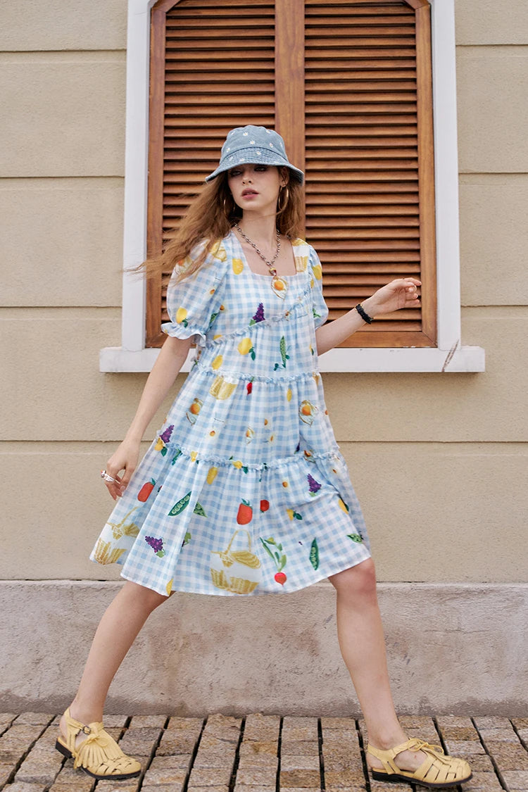 Fruit Print Square Collar Checkered Bubble Sleeve Chic Dress