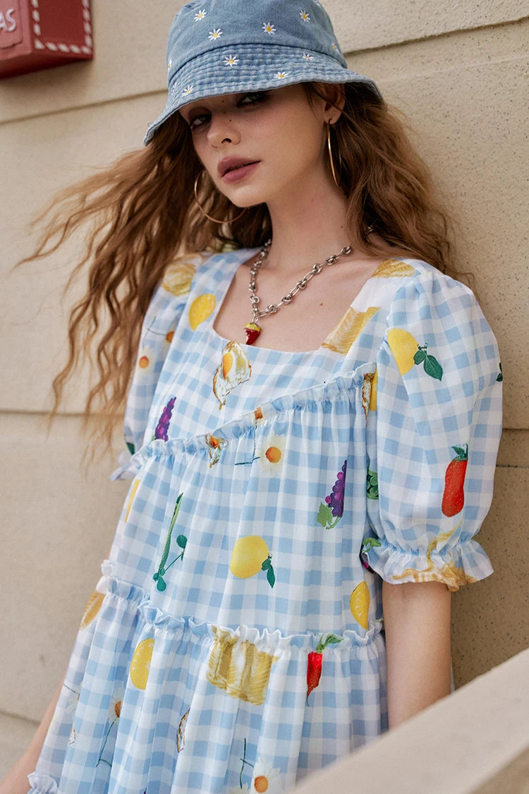 Fruit Print Square Collar Checkered Bubble Sleeve Chic Dress