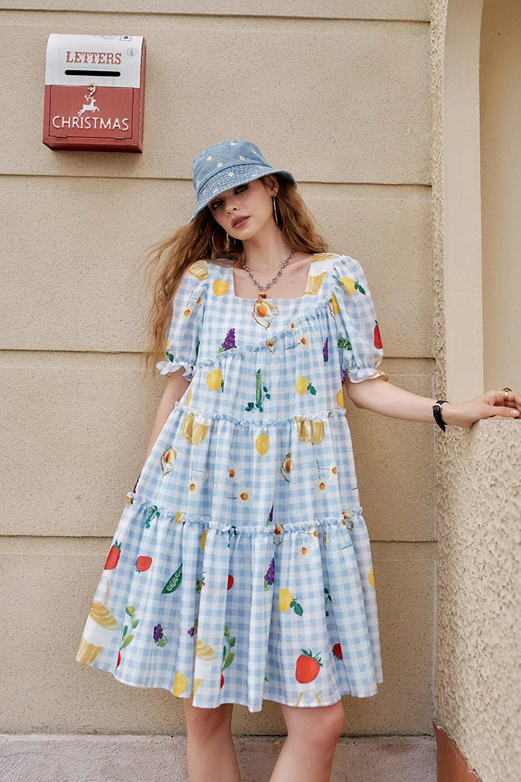 Fruit Print Square Collar Checkered Bubble Sleeve Chic Dress