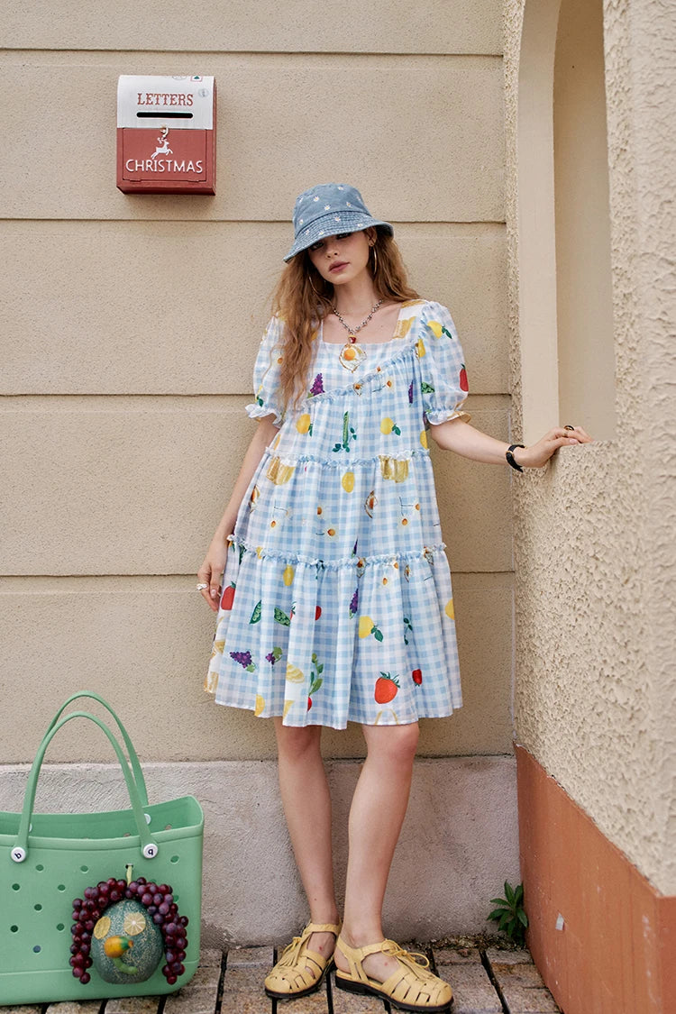 Fruit Print Square Collar Checkered Bubble Sleeve Chic Dress