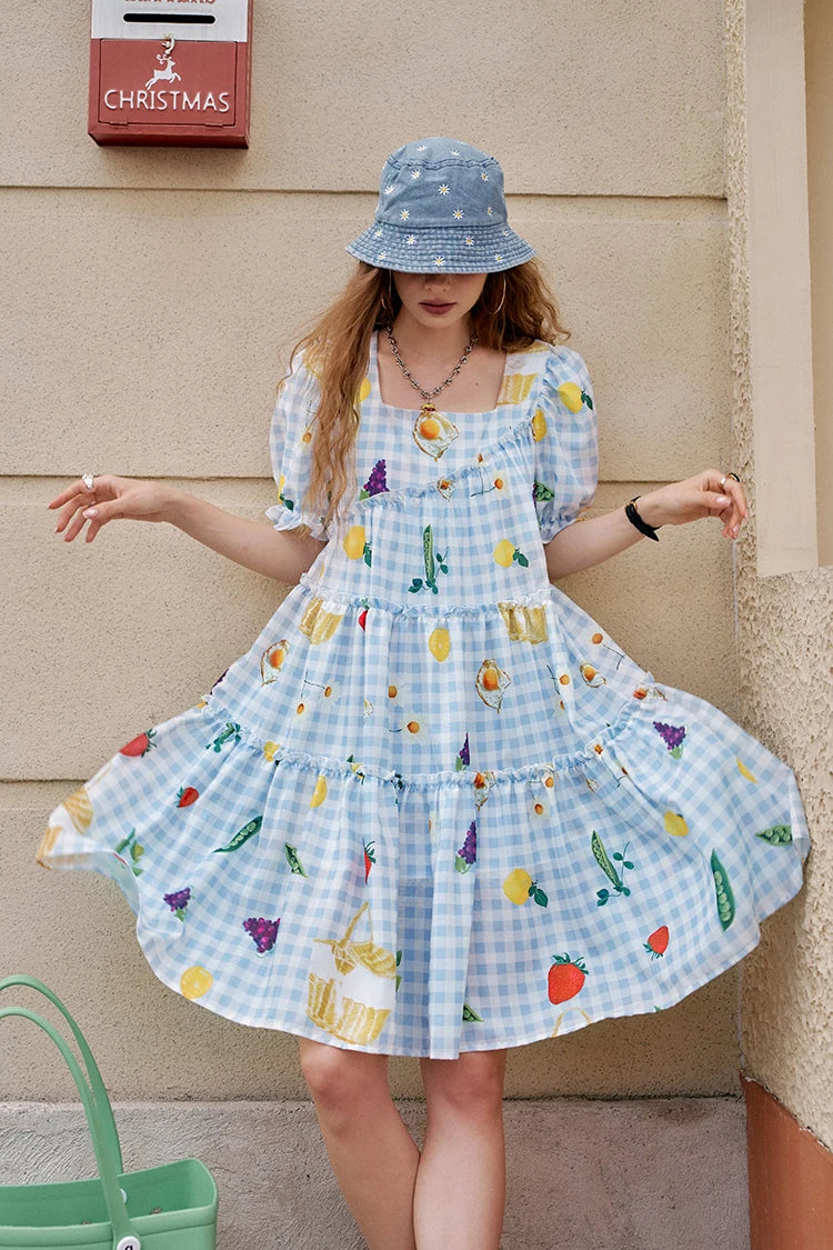 Fruit Print Square Collar Checkered Bubble Sleeve Chic Dress